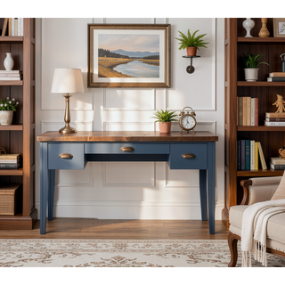 Sunvega Blue Denim and Whiskey Writing Desk with Drawers No Assembly Required