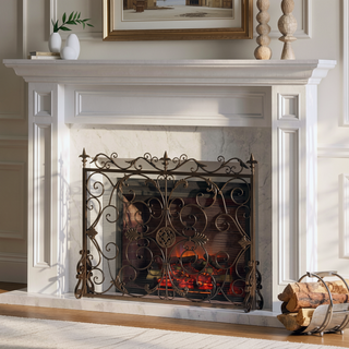 Sunvega Ornate Iron Fireplace Screen with Aged Powder Coated Black Finish