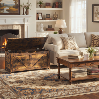 Sunvega Extra Long Rustic Brown Storage Chest with U Shaped Pull for Entryway