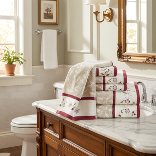 Sunvega Elegant Cotton Jacquard 6 Piece Towel Set with Floral Embroidery