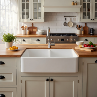 Sunvega 33 Inch White Porcelain Ceramic Farmhouse Kitchen Sink Workstation with Reversible Apron