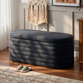 Sunvega Light Grey Upholstered Fabric Storage Ottoman Bench with Safety Hinge