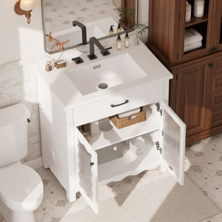 Sunvega Modern 30 Inch Bathroom Vanity with Ceramic Sink and Tempered Glass