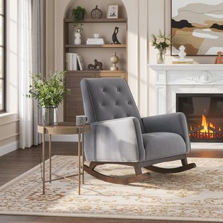 Sunvega Mid-Century Modern Solid Wood Rocking Chair with Microfiber Upholstery