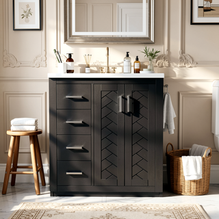 Sunvega 30 Inch Solid Wood Freestanding Bathroom Vanity with Ceramic Sink and Storage