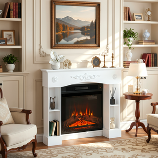 Sunvega Freestanding Fireplace Mantel with Baroque Design and Storage Columns