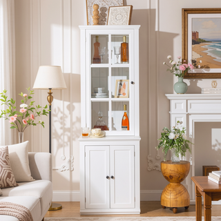 Sunvega Freestanding Farmhouse Pantry Cabinet with Tempered Glass Door and Lattice Window