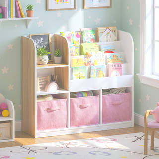 Sunvega Multifunctional 4 Tier Wooden Kids Bookshelf and Toy Storage Organizer with Display Stand