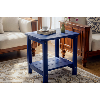 Sunvega Folding Adirondack Chair Set with Wood Texture and Side Table in Navy Blue