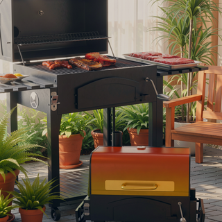 Sunvega Portable Charcoal BBQ Grill with Adjustable Height, Folding Shelves, Wheels & Thermometer