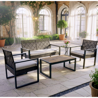 Sunvega Modern Outdoor Patio Furniture Set with Acacia Wood Table and PE Rattan