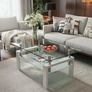 Sunvega Modern Clear Glass Coffee Table with Double Layer Storage for Living Room