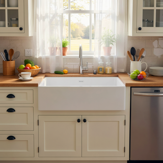 Sunvega 33 Inch White Porcelain Ceramic Farmhouse Kitchen Sink Workstation with Reversible Apron