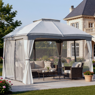 Sunvega Outdoor Canopy Gazebo with Mesh Walls and Double-Tier Roof for Patio