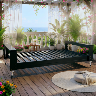 Sunvega Twin Size Acacia Wood Porch Swing Bed with Hemp Ropes for Garden