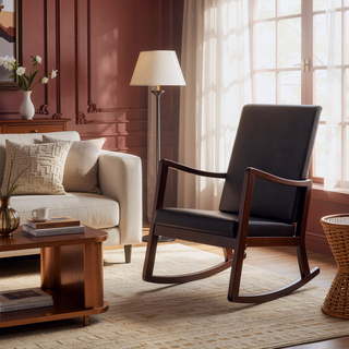 Sunvega Dark Brown Synthetic Leather and Espresso Finish Rocking Chair with Upholstered Cushions