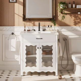 Sunvega Modern 30 Inch Bathroom Vanity with Ceramic Sink and Tempered Glass