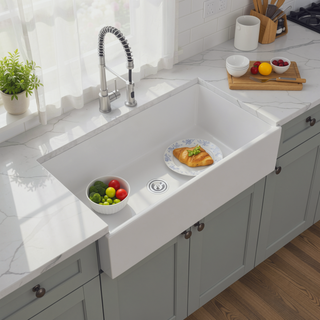 Sunvega 33 Inch White Porcelain Ceramic Farmhouse Kitchen Sink Workstation with Reversible Apron