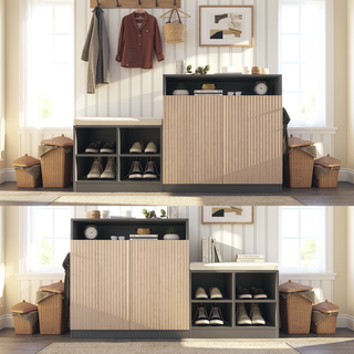 Sunvega Entryway Cabinet with Shoe Bench, 3-Tier Adjustable Shelves and Wavy Slatted Door