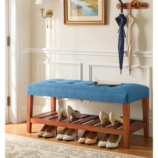 Sunvega Light Blue Fabric Upholstered Tufted Bench with Oak Finish Wooden Legs
