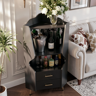 Sunvega Corner Bar Cabinet with Mirrored Back and 2 Drawers for Living Room