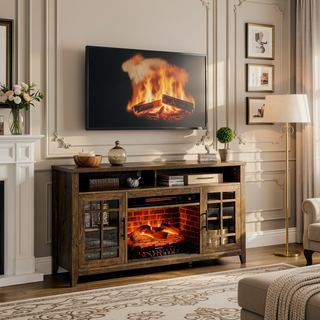 Sunvega Reclaimed Barnwood 55 inch TV Media Stand with Electric Fireplace Heater