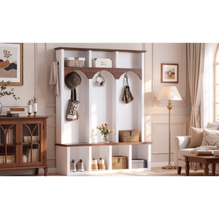 Sunvega Farmhouse Style Arched Entryway Storage Bench with 5 Hooks and 7 Cubbies