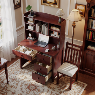Sunvega Vintage 40 Inch Executive Desk and Upholstered Chair Set with Bookshelf