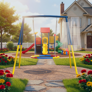 Sunvega Heavy-Duty A-Frame Metal Outdoor Swing Set with Saucer and Belt Swings