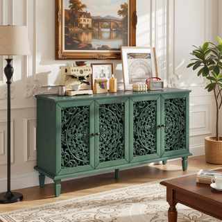 Sunvega Antique Green Buffet Cabinet with Floral Carvings and Solid Wood Legs for Living Room