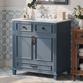 Sunvega Retro Blue Solid Wood Frame Bathroom Vanity with Ceramic Sink