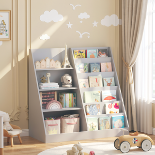 Sunvega Multifunctional 4 Tier Wooden Kids Bookshelf and Toy Storage Organizer with Display Stand