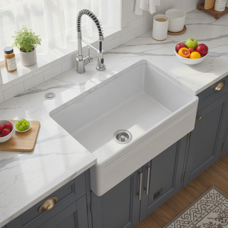 Sunvega 33 Inch White Porcelain Ceramic Farmhouse Kitchen Sink Workstation with Reversible Apron