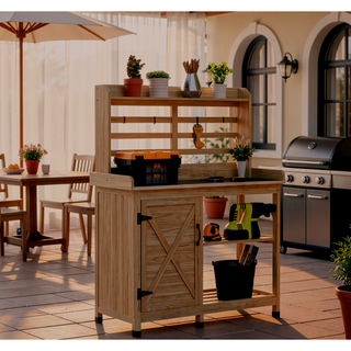 Sunvega Wooden Potting Bench with Storage Sink Water Tap for Patio Lawn Yard Garden
