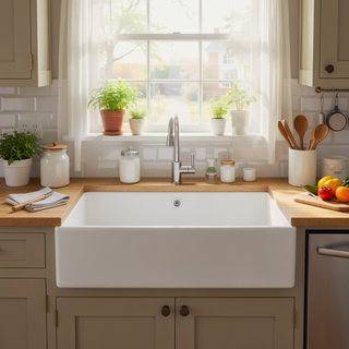 Sunvega 33 Inch White Porcelain Ceramic Farmhouse Kitchen Sink Workstation with Reversible Apron