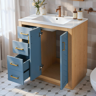 Sunvega 30 Inch Solid Wood Freestanding Bathroom Vanity with Ceramic Sink and Storage