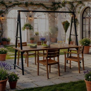 Sunvega Acacia Wood Dining Table with Plant Hanger Bar and Slatted Top