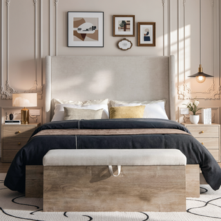 Sunvega Upholstered Wingback Bed with 54 Inch High Headboard in Textured Ivory Canvas Chenille