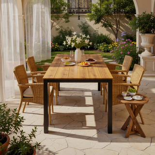 Sunvega Teak Finished Acacia Wood Outdoor Dining Table with Black Iron Legs