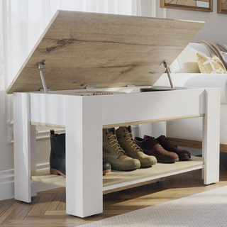 Sunvega Lift Top Storage Table with Lower Shelf and Metal Hinges in Dark Brown