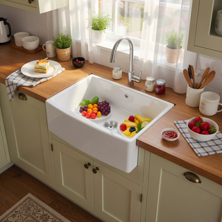 Sunvega 33 Inch White Porcelain Ceramic Farmhouse Kitchen Sink Workstation with Reversible Apron