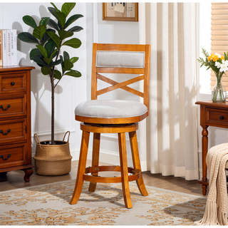 Sunvega 24 Inch Counter Height X-Back Swivel Stool with Beige Fabric Seat and Cherry Finish