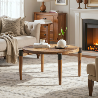 Sunvega Modern Rustic Round Wood Coffee Table for Living Room Home Office