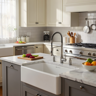 Sunvega 33 Inch White Porcelain Ceramic Farmhouse Kitchen Sink Workstation with Reversible Apron