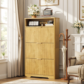 Sunvega Tall Modern Minimalist Shoe Cabinet with Two Flip Drawers and Wave-Patterned Panel