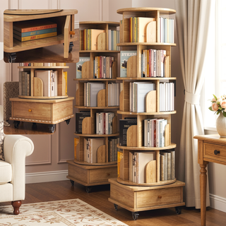 Sunvega 360° Rotating Bookshelf with Wheels and Drawer for Space-Saving Storage