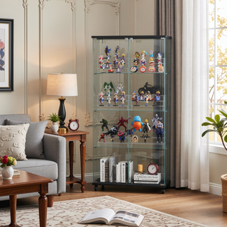 Sunvega 4 Tier Glass Display Cabinet with Lock and Wheels for Living Room