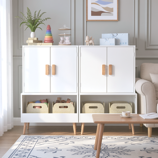 Sunvega White Modern Wooden Kids Toy Storage Cabinet with Doors and Open Shelf