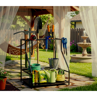 Sunvega 3-Tier Garden Tool Storage Rack with Hooks for Long-Handled Tools and Brooms