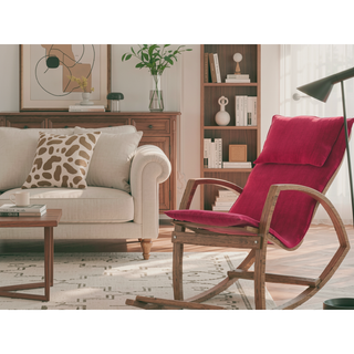 Sunvega Modern Rocking Chair With Wooden Frame And Plush Red Cushion For Living Room